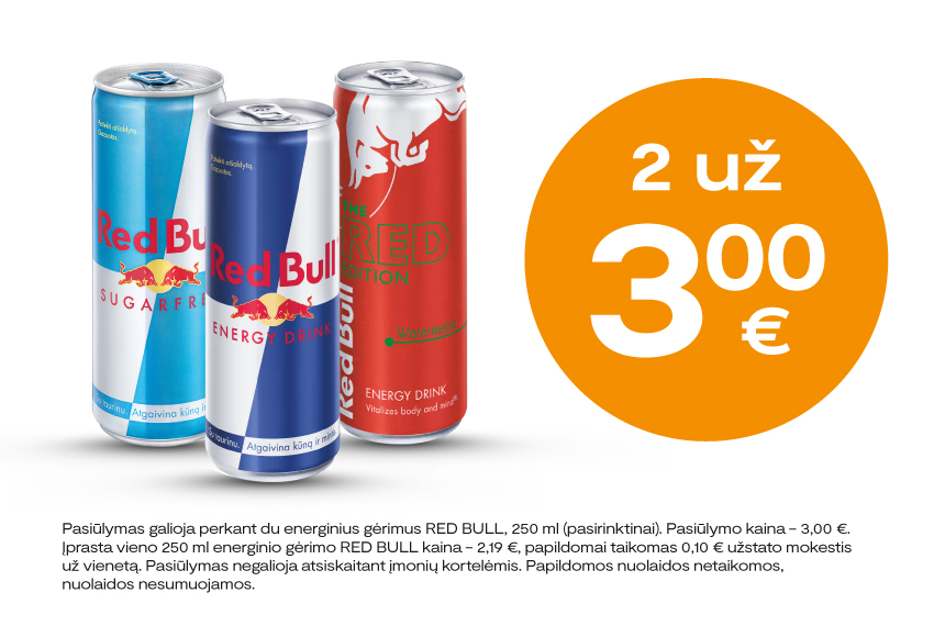 Energiniai gėrimai Red Bull 2 už 3 Eur!