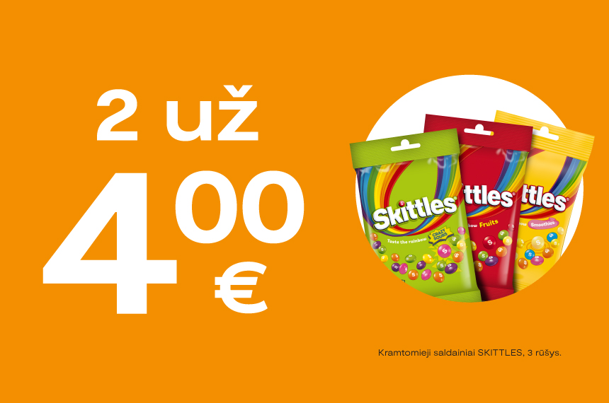 Kramtomieji saldainiai SKITTLES 2 už 4 Eur!